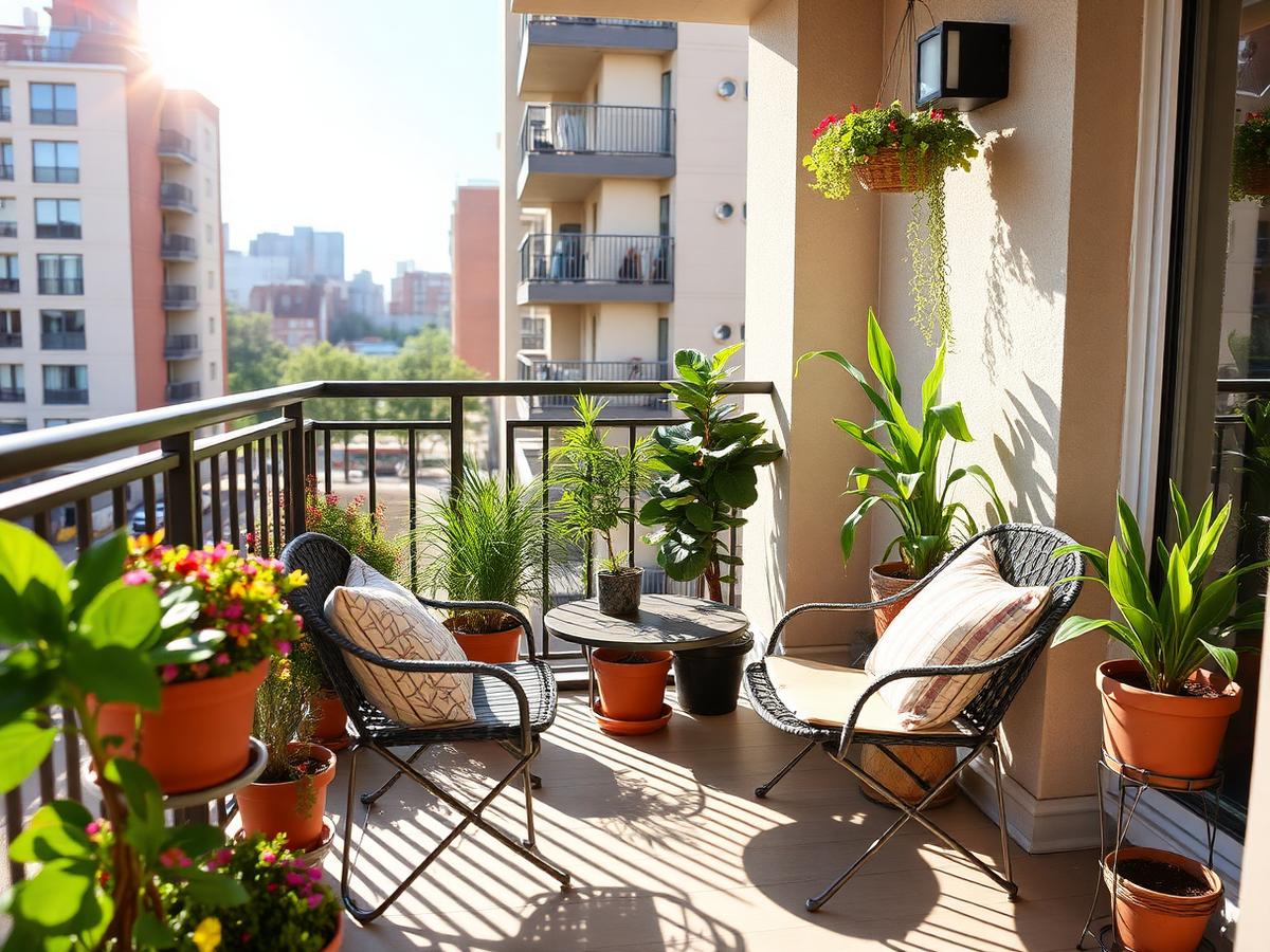 Two small chairs on a sunny balcony