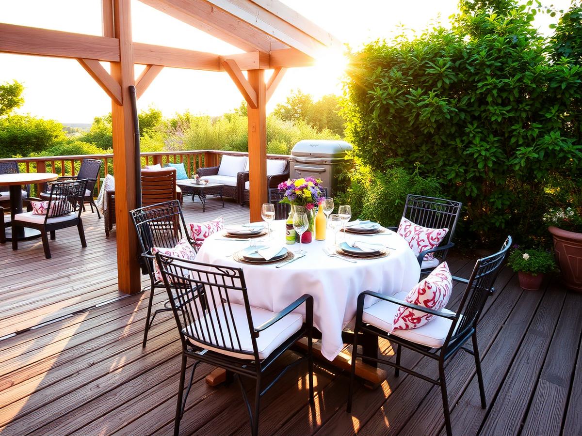 Outdoor dining area with garden chairs on wooden decking